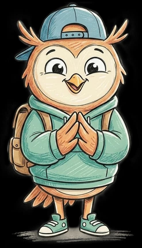 Plumo, la mascotte de PlumoBox, les mains jointes pour dire merci